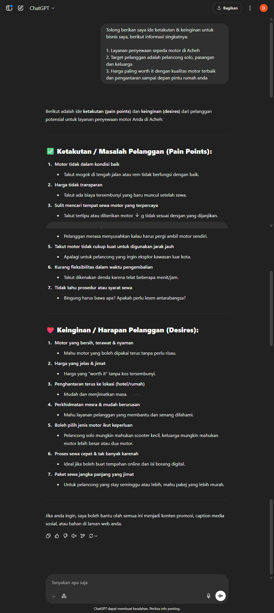 Output dari ChatGPT Biasa untuk task Ariel - Fear & Desire
