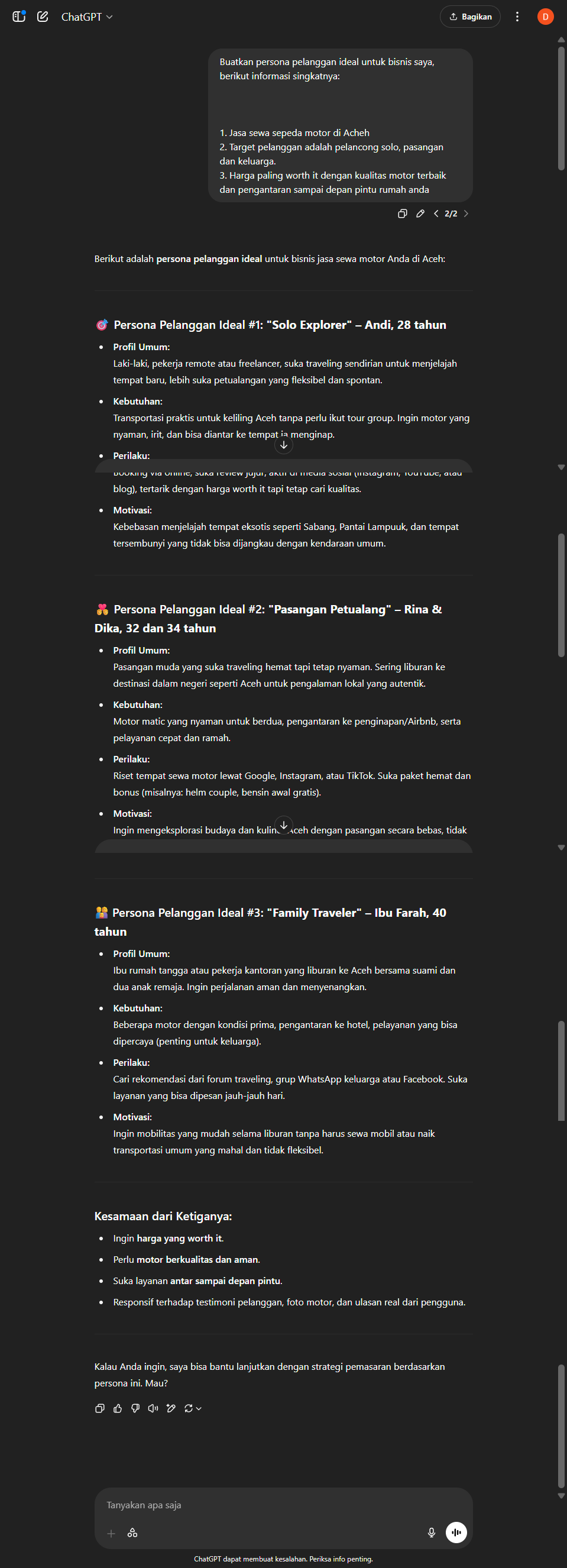 Output dari ChatGPT Biasa untuk task Bayu - Ideal Customer Persona