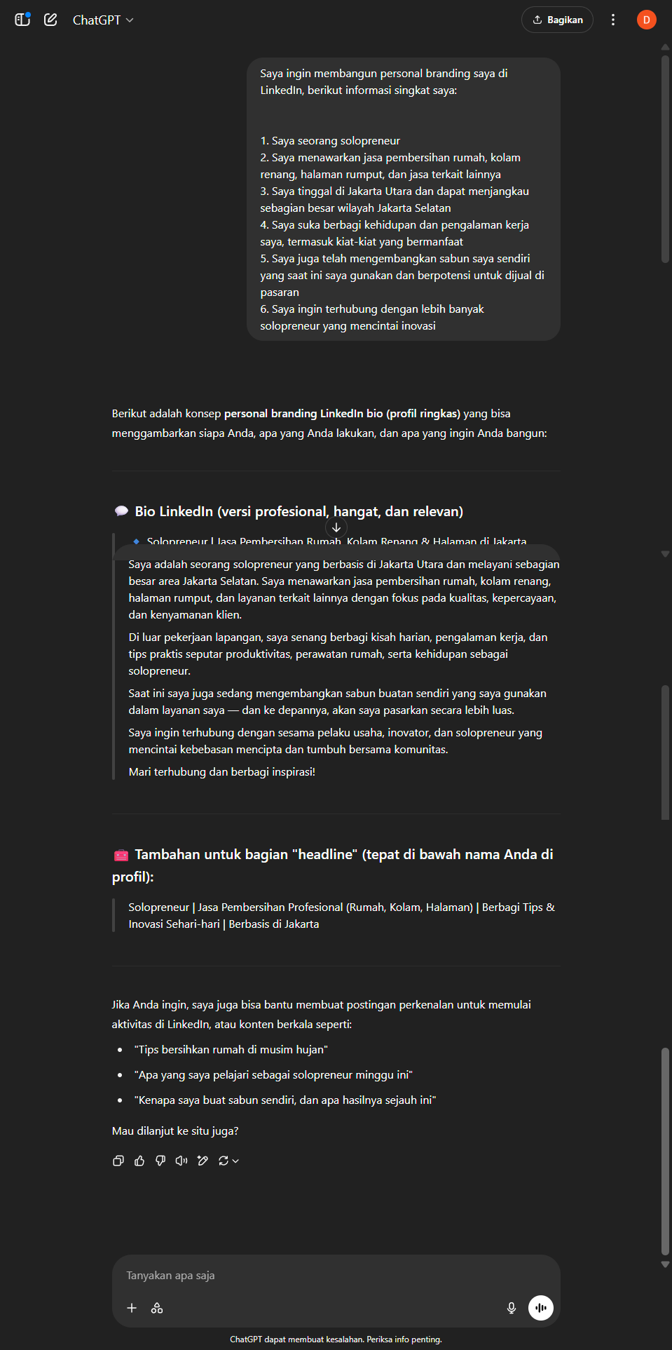 Output dari ChatGPT Biasa untuk task Galang - Personal Branding