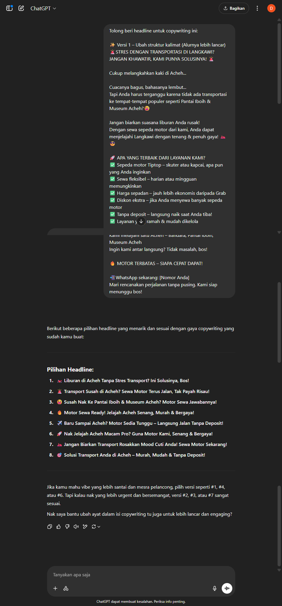 Output dari ChatGPT Biasa untuk task Kirana - Brainstormer Headline