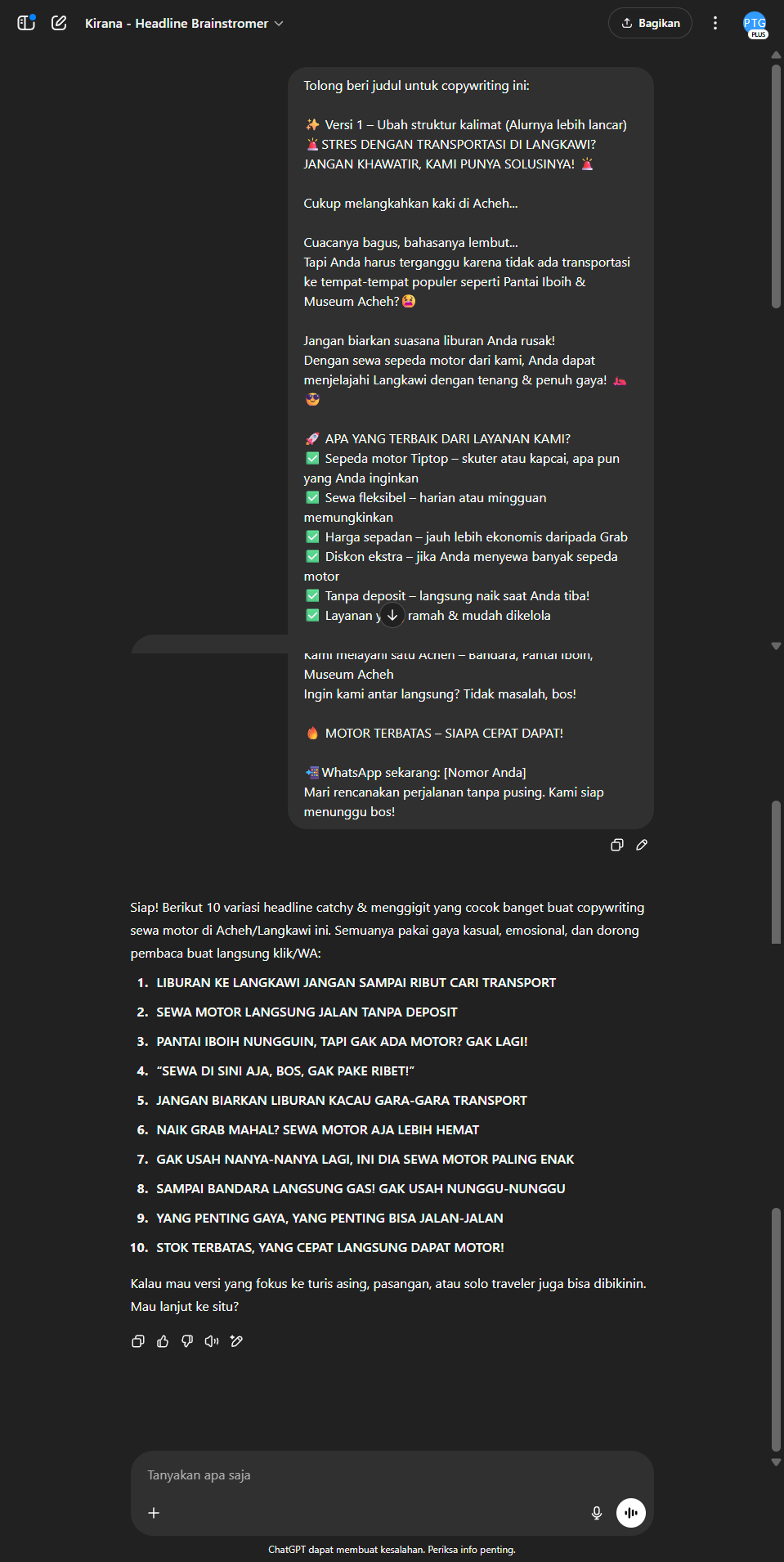 Output dari Karyawan AI Kirana - Brainstormer Headline