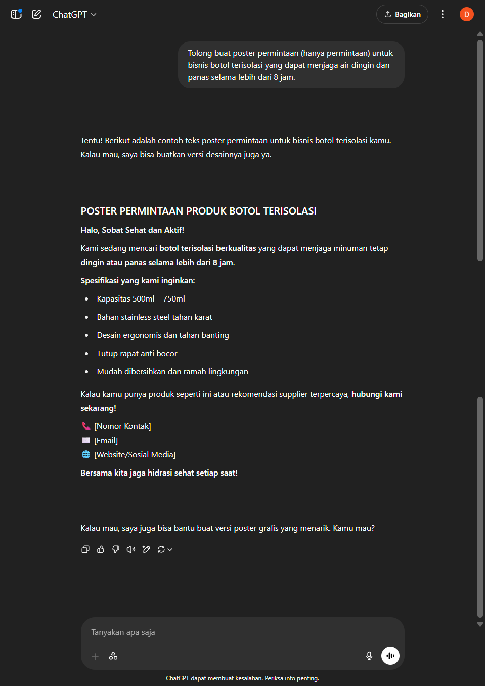 Output dari ChatGPT Biasa untuk task Leona - Poster Prompter
