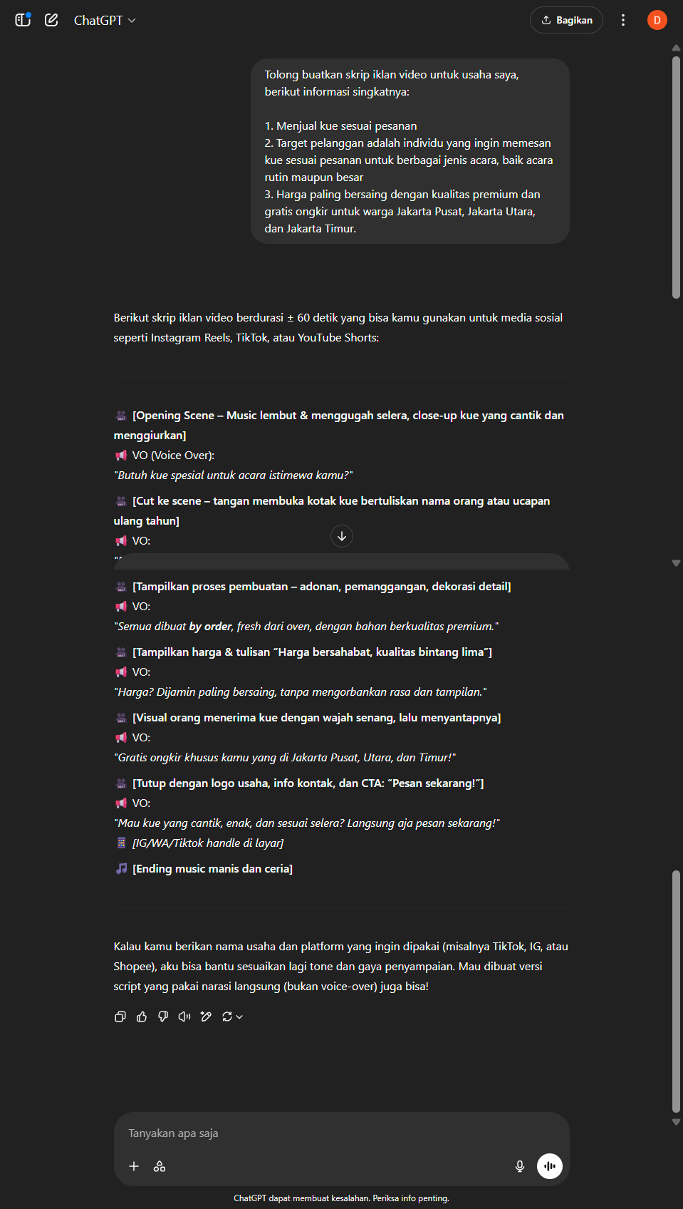 Output dari ChatGPT Biasa untuk task Nara - Ads Script Writer