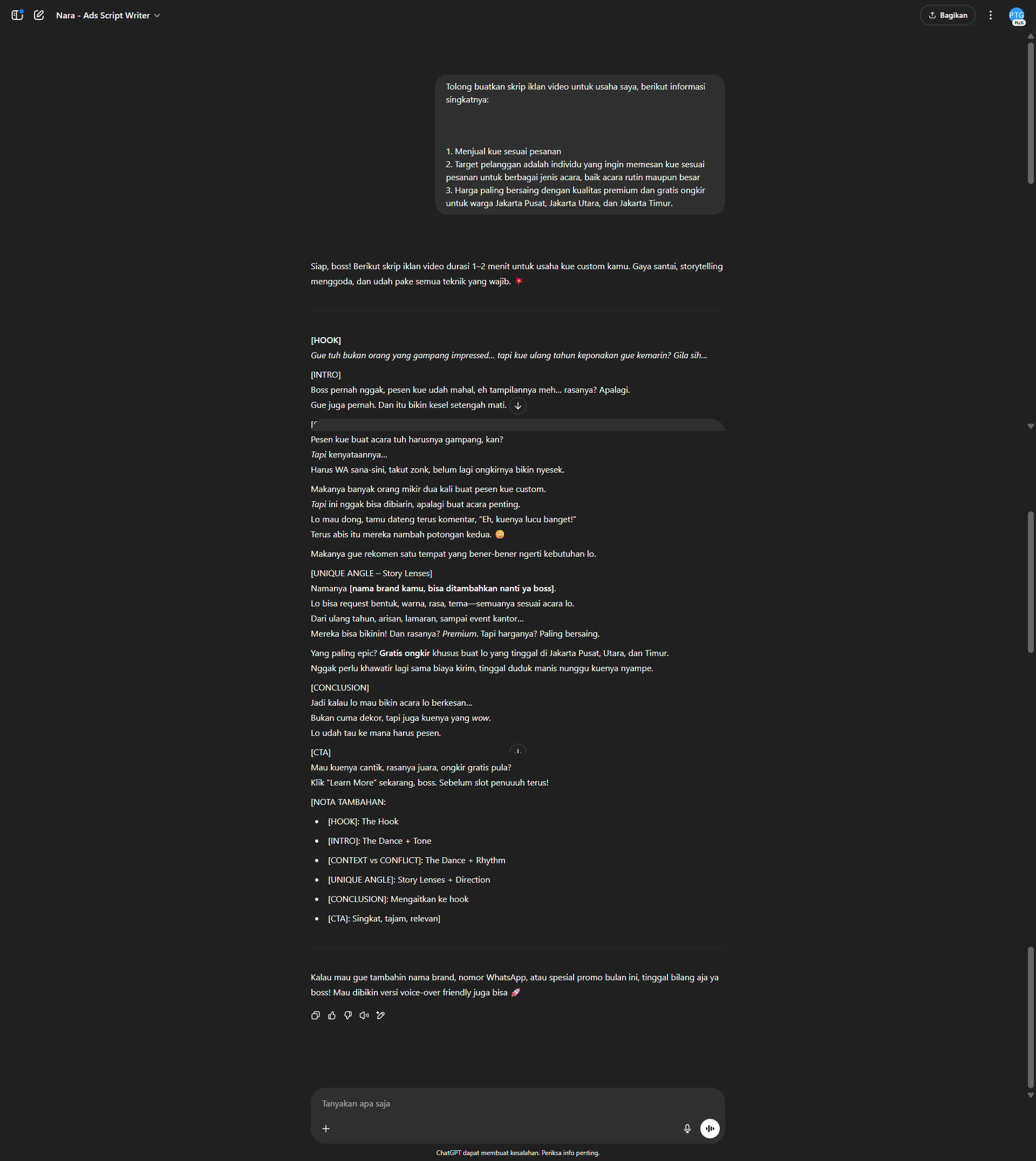 Output dari Karyawan AI Nara - Ads Script Writer