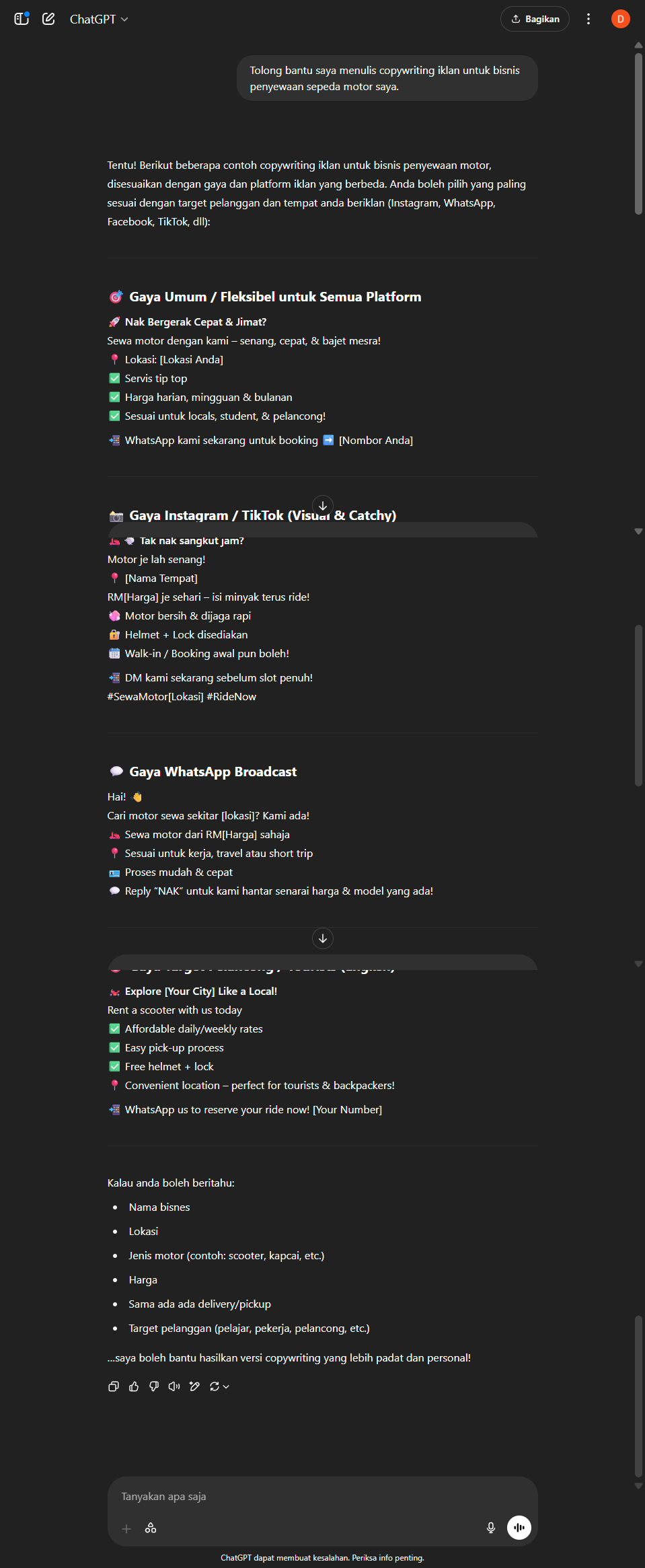 Output dari ChatGPT Biasa untuk task Rina - Copywriter