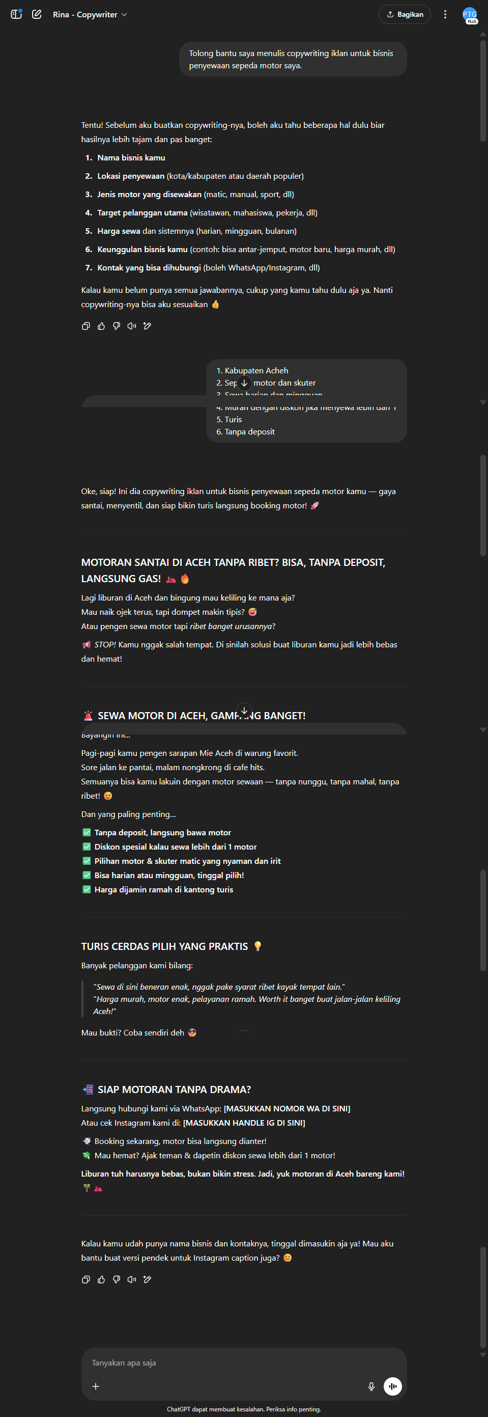 Output dari Karyawan AI Rina - Copywriter